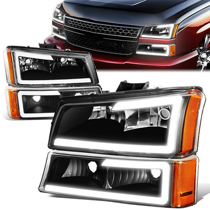 FAROS 03-06 CHEVY SILVERADO 1500, 2500, 3500 / 2007 CHEVY SILVERADO 1500, 2500, 3500 / 03-06 CHEVY AVALANCHE - FITS MODELS WITHOUT BODY CLADDING ONLY - FITS MODELS WITH HALOGEN HEADLIGHTS ONLY - LED DRL - 4PC - BLACK HOUSING / AMBER CORNER