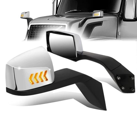 RETROVISOR HOOD MIRROR - 04-18 VOLVO VN SERIES - FITS MODELS WITH UNPOWERED / UNHEATED GLASS MIRRORS ONLY - MARKER / TURN SIGNAL LIGHTS NEED TO BE WIRED INTO EXISTING LIGHTING HARNESS - MANUAL - ARROW SEQUENTIAL LED - CHROME