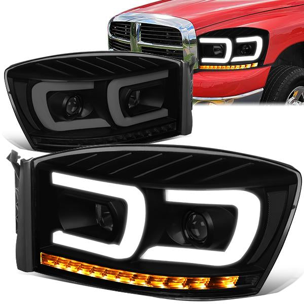 FAROS 06-08 DODGE RAM 1500 / 06-09 DODGE RAM 2500, 3500 - FITS MODELS WITH HALOGEN HEADLAMPS ONLY - DUAL LED DRL - PROJECTOR - BLACK HOUSING / SMOKE LENS / CLEAR CORNER - H1 LOW BEAM / H1 HIGH BEAM / INTEGRATED LED SIGNAL & MARKER
