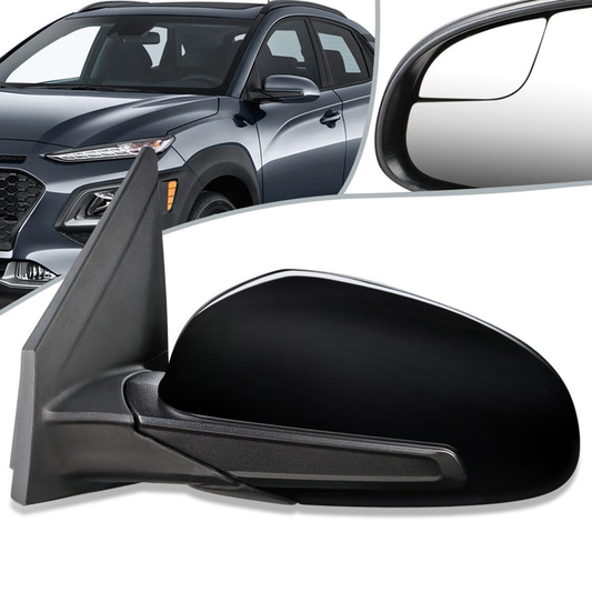 RETROVISOR MIRROR - OEM - 18-20 HYUNDAI KONA - POWERED - FOLDING - W/ SPOTTER GLASS - BLACK MATERIAL - LEFT
