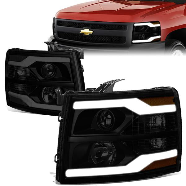 FAROS 07-13 CHEVY SILVERADO 1500 / 07-17 SILVERADO 2500, 3500 AND HD MODELS - DOES NOT FIT 2007 OLD BODY CLASSIC MODELS - LED DRL - DUAL LED - BLACK HOUSING / SMOKE LENS / AMBER CORNER