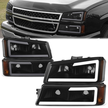 FAROS 03-06 CHEVY SILVERADO 1500, 2500, 3500 / 2007 CHEVY SILVERADO 1500, 2500, 3500 / 03-06 CHEVY AVALANCHE - FITS MODELS WITHOUT BODY CLADDING ONLY - FITS MODELS WITH HALOGEN HEADLIGHTS ONLY - LED DRL - 4PC - BLACK HOUSING / AMBER CORNER / SMOKE LENS