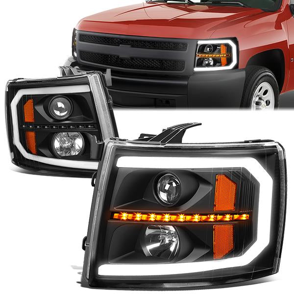 FAROS 07-13 CHEVY SILVERADO 1500 / 07-14 SILVERADO 2500, 3500 AND HD MODELS - DOES NOT FIT 2007 OLD BODY CLASSIC MODELS - LED DRL - SEQUENTIAL TURN SIGNAL - C-BAR - BLACK HOUSING / AMBER CORNER