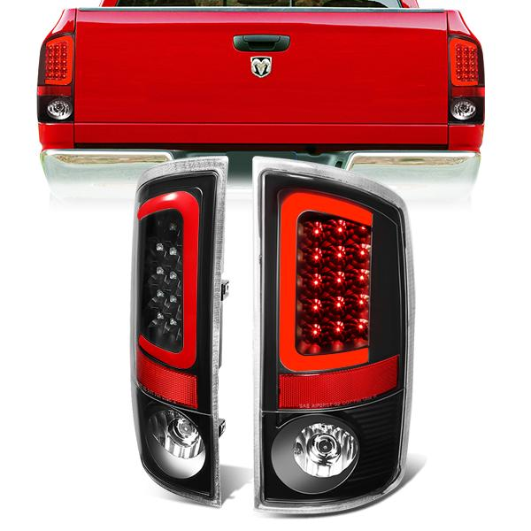 FAROS TRASEROS 02-06 DODGE RAM 1500 / 03-06 DODGE RAM 2500 , 3500 - RED C-BAR - 3D - U-HALO LED - BLACK / CLEAR