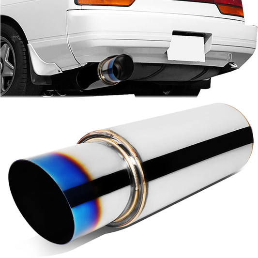 MOFLES RACING MUFFLER - TIP DIAMETER: 4.0"
TIP LENGTH: 4.3"
INLET DIAMETER: 2.5"
INLET LENGTH: 1.9"
BODY DIAMETER: 4.9"
BODY LENGTH: 12.1"
TOTAL LENGTH: 18.3" ROUND CUT / BURN TIP
