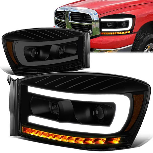 FAROS 06-08 DODGE RAM 1500 / 06-09 DODGE RAM 2500, 3500 - FITS MODELS WITH HALOGEN HEADLAMPS ONLY - LED DRL - PROJECTOR - BLACK HOUSING / SMOKE LENS / AMBER CORNER - H1 LOW BEAM / H1 HIGH BEAM / INTEGRATED LED SIGNAL & MARKER