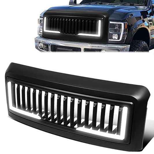 PARRILLA GRILLE - 08-10 FORD F-250, F-350, F-450, F-550 - VERTICAL FENCE STYLE - W/ LED DRL LIGHT - LED'S REQUIRE WIRING INTO EXISTING LIGHTING - MATTE BLACK