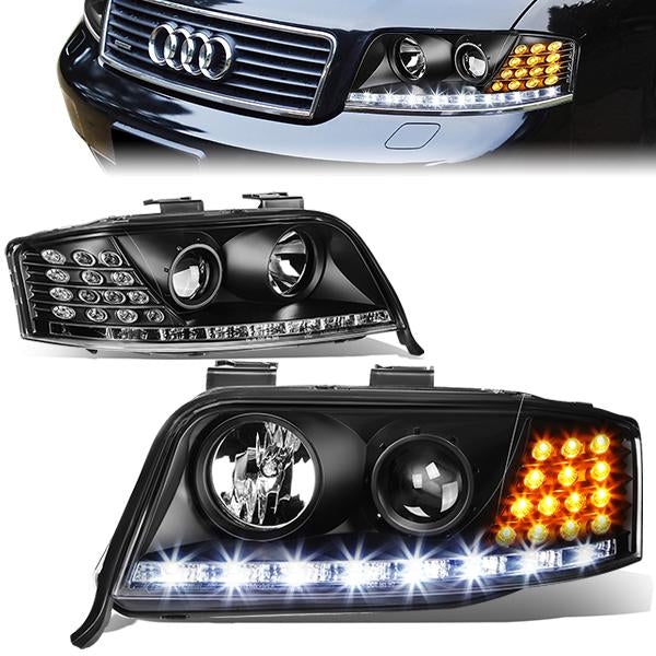FAROS 02-04 AUDI A6, A6 QUATTRO FACELIFTED MODELS - DOES NOT FIT MODELS WITH OEM XENON HID HEADLIGHTS - ONLY FITS MODELS WITH FACTORY HALOGEN HEADLIGHTS - DOES NOT FIT 4.2L V8 MODELS - LED DRL - PROJECTOR - BLACK HOUSING / CLEAR LENS / AMBER SIGNAL