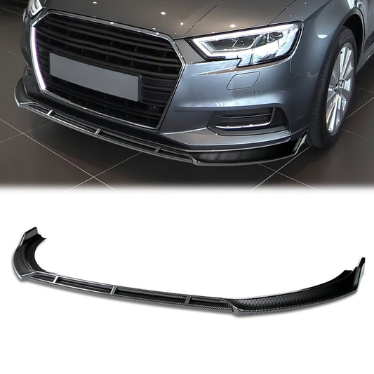 LIP FRONTAL 17-20 AUDI - FITS A3 WITH BASE, PREMIUM BUMPER ONLY - REQUIRES DRILLING BUMPER FOR INSTALLATION - 3PC - CARBON FIBER LOOK