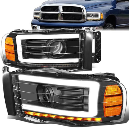 FAROS 02-05 DODGE RAM 1500 2500 3500 - LED DRL - PROJECTOR - BLACK HOUSING / AMBER CORNER - H7 HIGH / LOW BEAM / LED SIGNAL