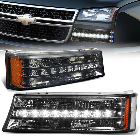 CUARTOS LUZ 03-06 CHEVY SILVERADO 1500 , 2500 , 3500 , HD MODELS, CHEVY AVALANCHE - LED DRL - FITS AVALANCHE MODELS W/O BODY CLADDING - SMOKE HOUSING / AMBER CORNER
