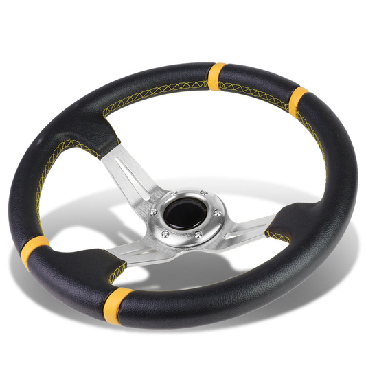 VOLANTE STEERING WHEEL - 350MM - PVC BLACK LEATHER - 6-BOLT - ALUMINUM - SILVER CENTER W/ 2 SILVER STRIPES ON TOP & BOTTOM