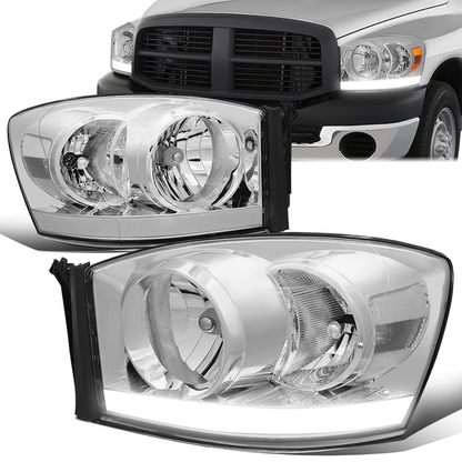 FAROS 06-08 DODGE RAM 1500 / 06-09 RAM 2500 , 3500 2/4-DOOR - FOR 2009 , FIT OLD BODY STYLE ONLY - DOES NOT FIT NEW BODY STYLE MODELS - STOCK HEADLIGHTS WITHOUT AMBER BAR - LED DRL - CHROME HOUSING / CLEAR CORNER - H13 LOW BEAM / HIGH BEAM