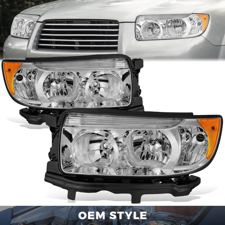 FAROS OE STYLE - 06-08 SUBARU FORESTER - FITS MODELS WITH FACTORY HALOGEN HEADLIGHTS - FITS MODELS WITHOUT SPORT PACKAGE - H1 LOW / 9005 HIGH / 168 MARKER / 7440NA TURN SIGNAL - CHROME HOUSING / AMBER REFLECTOR - LEFT AND RIGHT