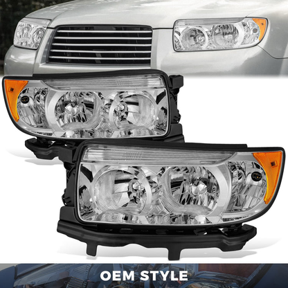 FAROS OE STYLE - 06-08 SUBARU FORESTER - FITS MODELS WITH FACTORY HALOGEN HEADLIGHTS - FITS MODELS WITHOUT SPORT PACKAGE - H1 LOW / 9005 HIGH / 168 MARKER / 7440NA TURN SIGNAL - CHROME HOUSING / AMBER REFLECTOR - LEFT AND RIGHT