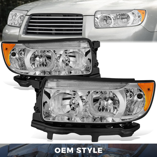 FAROS OE STYLE - 06-08 SUBARU FORESTER - FITS MODELS WITH FACTORY HALOGEN HEADLIGHTS - FITS MODELS WITHOUT SPORT PACKAGE - H1 LOW / 9005 HIGH / 168 MARKER / 7440NA TURN SIGNAL - CHROME HOUSING / AMBER REFLECTOR - LEFT AND RIGHT