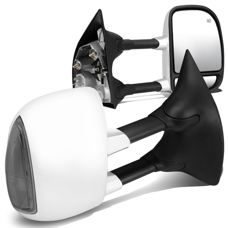 RETROVISORES EXTENDIBLES TOWING MIRROR - 99-07 FORD F-250, F-350, F-450, F-550 - SUPER DUTY - PAIR - POWERED W/ HEATED - SMOKE SIGNAL - CHROME
