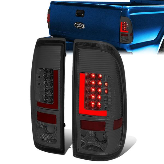 FAROS TRASEROS 97-03 FORD F-150 / 97-99 FORD F-250 / 99-07 FORD F-250, F-350, F-450, F-550 - SUPER DUTY / 04 FORD F-150 HERITAGE - RED L-BAR - 3D - LED - CHROME / SMOKE
