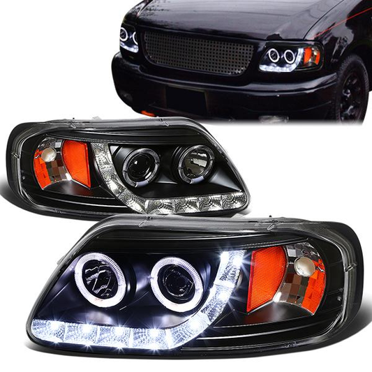 FAROS 97-99 FORD F-250 LIGHT DUTY / 97-02 FORD EXPEDITION / 97-03 FORD F-150 / 2004 FORD F-150 HERITAGE 2/4-DOOR - 1PC - LED DRL - HALO PROJECTOR - BLACK HOUSING / AMBER CORNER - H1 LOW BEAM / HIGH BEAM