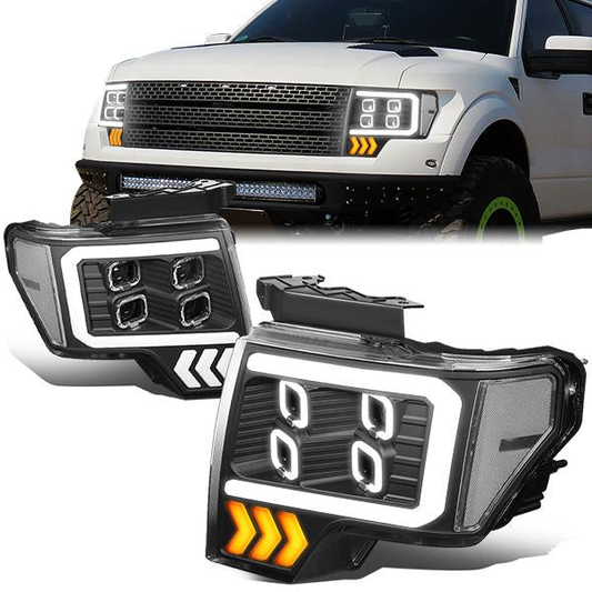 FAROS 09-14 FORD F-150 - ONLY FITS MODELS WITH HALOGEN HEADLIGHTS WITHOUT PROJECTOR - DAYTIME RUNNING LIGHT BAR REQUIRES WIRING INTO EXISITING LIGHTING HARNESS - QUAD LED DRL HALO RING - PROJECTOR HIGH / LOW BEAM - BLACK HOUSING / CLEAR CORNER