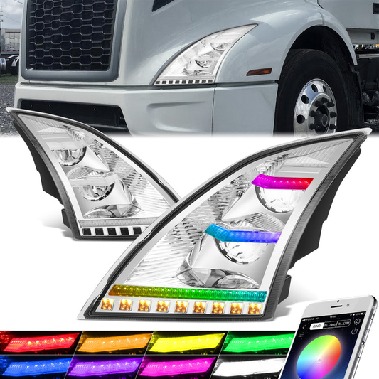 FAROS 18-21 VOLVO VNL, VNL 300, VNL 400, VNL 740, VNL 760, VNL 860 / 18-21 VOLVO VNR, VNR 300, VNR 400, VNR 640 - FULL LED RGB DRL SEQUENTIAL TURN SIGNAL - CHROME