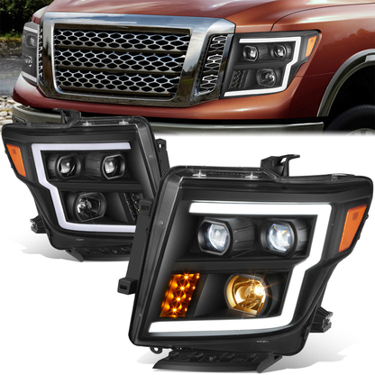 FAROS 17-22 NISSAN TITAN / 16-22 NISSAN TITAN XD - FITS MODELS WITH HALOGEN HEADLIGHTS ONLY - DOES NOT FIT FACTORY HID EQUIPPED MODELS - PROJECTOR CONVERSION LED RUNNING LIGHT STRIP - H1 LOW BEAM / H1 HIGH BEAM / 2825 SIDE MARKER - BLACK HOUSING / AMBER