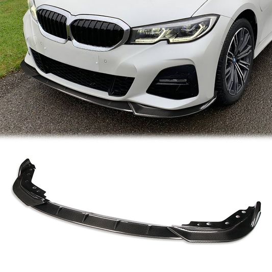 LIP FRONTAL 19-21 BMW G20, 330E, M340I, M340I XDRIVE, 330I - FITS MODELS WITH M-SPORT FRONT BUMPER - REQUIRES DRILLING BUMPER FOR INSTALLATION - 3PC - REAL CARBON FIBER