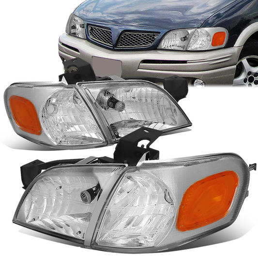 FAROS 97-05 CHEVY VENTURE / 97-04 OLDSMOBILE SILHOUETTE / 99-05 PONTIAC MONTANA / 97-99 PONTIAC TRANS SPORT 3/4-DOOR - 4PC - CHROME HOUSING / AMBER CORNER - 9004 LOW BEAM / HIGH BEAM
