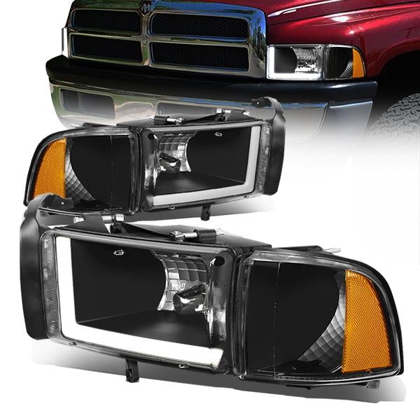 FAROS 94-01 DODGE RAM 1500 / 94-02 DODGE RAM 2500 3500 - DOES NOT FIT SPORT MODELS - LED DRL - BLACK HOUSING / AMBER CORNER - 9004 LOW BEAM / HIGH BEAM