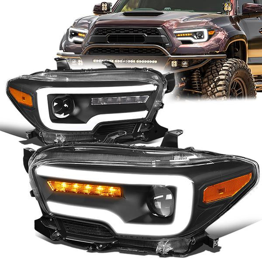 FAROS 16-20 TOYOTA TACOMA - FITS MODELS WITH HALOGEN HEADLIGHTS WITHOUT LED DRL - PROJECTOR - SEQUENTIAL TURN SIGNAL - LED DRL - BLACK HOUSING / AMBER CORNER - H7 LOW BEAM / HIGH BEAM, 2825 SIDE MARKER