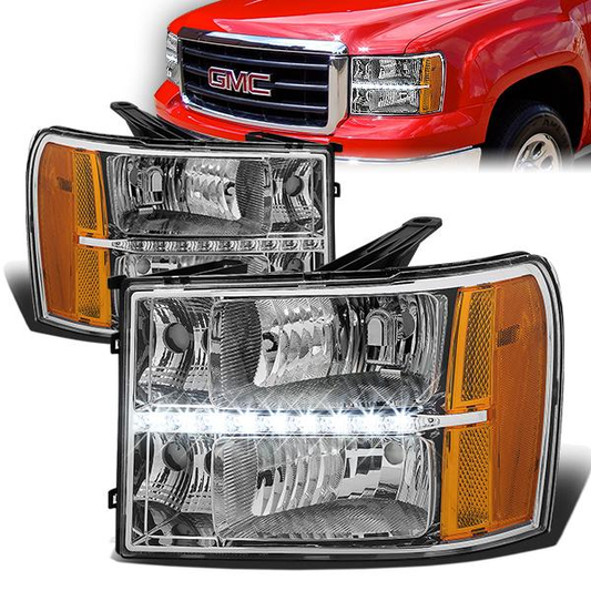 FAROS 07-13 GMC SIERRA 1500 / 07-14 GMC SIERRA 2500 , 3500 2/4-DOOR - LED DRL - CHROME HOUSING / AMBER CORNER - H11 LOW BEAM / 9005 HIGH BEAM