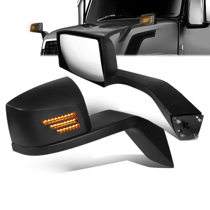 RETROVISOR HOOD MIRROR - 04-18 VOLVO VN SERIES - FITS MODELS W/ UNPOWERED / UNHEATED GLASS MIRRORS ONLY - MARKER / TURN SIGNAL LIGHTS NEED TO BE WIRED INTO EXISTING LIGHTING HARNESS - MANUAL - SEQUENTIAL LED - BLACK