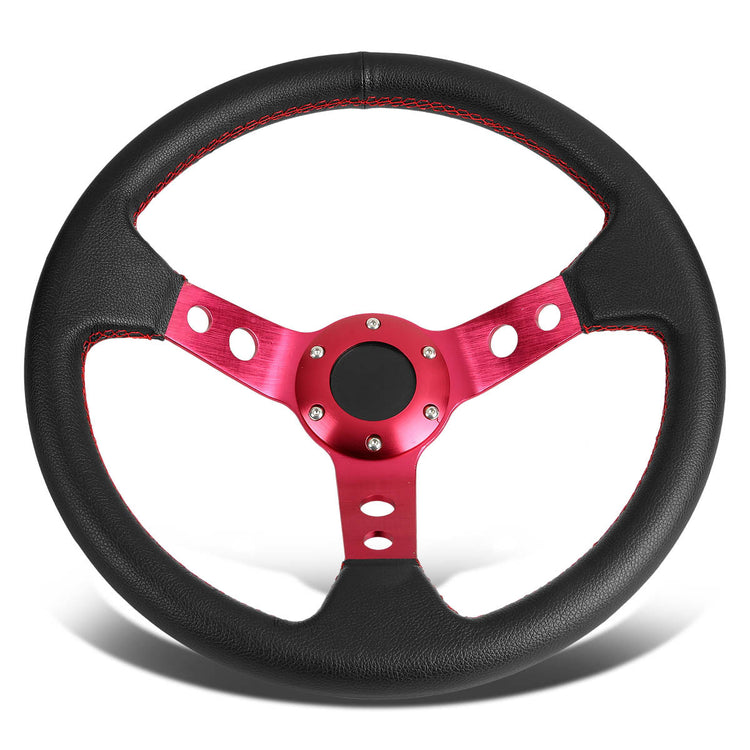 VOLANTE STEERING WHEEL - 3" DEEP DISH - 350MM - PVC LEATHER - 6 BOLT - BLACK W/ RED STITCHING - RED SPOKE
