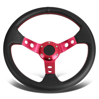 VOLANTE STEERING WHEEL - 3" DEEP DISH - 350MM - PVC LEATHER - 6 BOLT - BLACK W/ RED STITCHING - RED SPOKE