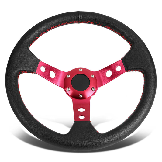 VOLANTE STEERING WHEEL - 3" DEEP DISH - 350MM - PVC LEATHER - 6 BOLT - BLACK W/ RED STITCHING - RED SPOKE