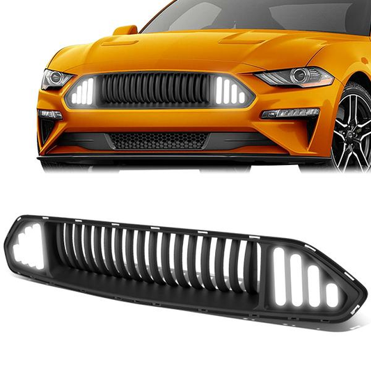 PARRILLA FRONT UPPER GRILLE - 18-20 FORD MUSTANG - VERTICAL FENCE STYLE - W/ LED DRL LIGHT - BLACK