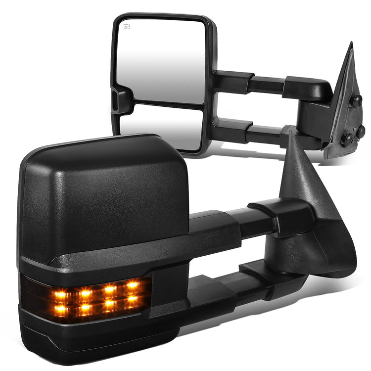 RETROVISORES EXTENDIBLES TOWING MIRROR - 03-06 CHEVY SILVERADO, GMC SIERRA, CHEVY TAHOE, CHEVY SUBURBAN, GMC YUKON, CADILLAC ESCALADE, CHEVY AVALANCHE / 2007 CHEVY SILVERADO CLASSIC, GMC SIERRA CLASSIC - PAIR - POWERED W/ HEATED - LED SMOKE SIGNAL - BLACK