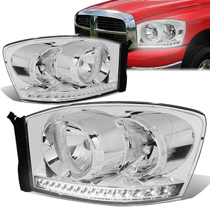 FAROS 06-08 DODGE RAM 1500 / 06-09 DODGE RAM 2500 , 3500 - FITS MODELS WITH HALOGEN HEADLAMPS ONLY - LED DRL - CHROME HOUSING / CLEAR CORNER - H13 LOW BEAM / H13 HIGH BEAM