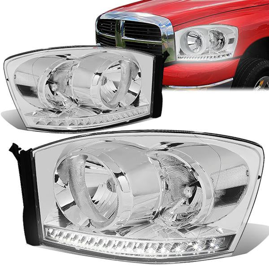 FAROS 06-08 DODGE RAM 1500 / 06-09 DODGE RAM 2500 , 3500 - FITS MODELS WITH HALOGEN HEADLAMPS ONLY - LED DRL - CHROME HOUSING / CLEAR CORNER - H13 LOW BEAM / H13 HIGH BEAM