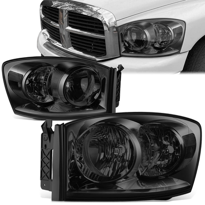 FAROS 06-08 DODGE RAM 1500 / 06-09 DODGE RAM 2500 , 3500 - FITS MODELS W/ HALOGEN HEADLAMPS ONLY - H13 LOW BEAM / HIGH BEAM - SMOKE LENS / CLEAR CORNER