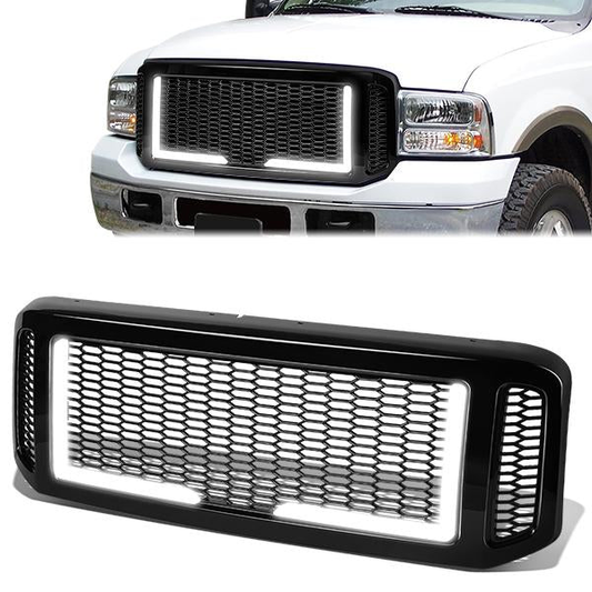 PARRILLA GRILLE - 05-07 FORD F-250, F-350, F-450, F-550 / 2005 FORD EXCURSION - HONEYCOMB MESH - W/ LED DRL LIGHT - LED'S REQUIRE WIRING INTO EXISTING LIGHTING - BLACK
