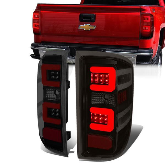 FAROS TRASEROS 14-19 CHEVY SILVERADO 1500 - 15-19 SILVERADO 2500HD 3500HD - 15-19 GMC SIERRA 3500HD DUAL REAR WHEELS - HALOGEN TAIL LIGHT MODELS ONLY - C-BAR - DUAL RED 3D STRIPS - LED - BLACK / SMOKE