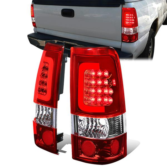 FAROS TRASEROS 99-02 CHEVY SILVERADO 1500 , 2500 , 3500 , HD MODELS / 99-03 GMC SIERRA 1500 , 2500 , HD MODELS - C-BAR - 3D - U-HALO LED - CHROME / RED