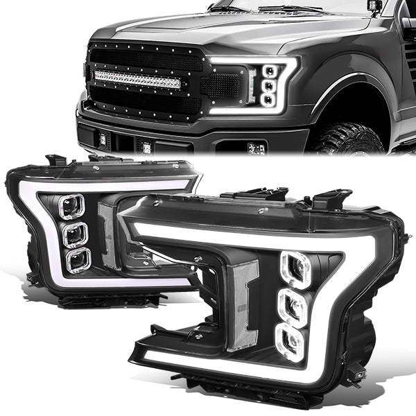 FAROS 18-20 FORD F-150 - FITS MODELS WITH HALOGEN HEADLIGHTS ONLY - SEQUENTIAL LED DRL RING - PROJECTOR HIGH / LOW BEAM - BLACK HOUSING / CLEAR CORNER - 194 MARKER - REUSE FACTORY BULB