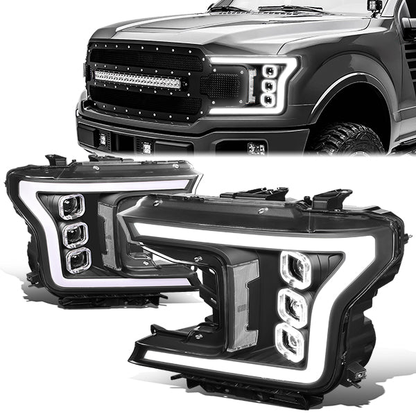 FAROS 18-20 FORD F-150 - FITS MODELS WITH HALOGEN HEADLIGHTS ONLY - SEQUENTIAL LED DRL RING - PROJECTOR HIGH / LOW BEAM - BLACK HOUSING / CLEAR CORNER - 194 MARKER - REUSE FACTORY BULB
