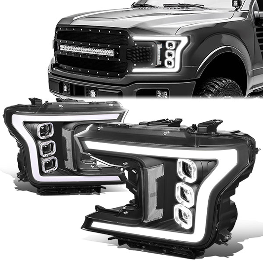 FAROS 18-20 FORD F-150 - FITS MODELS WITH HALOGEN HEADLIGHTS ONLY - SEQUENTIAL LED DRL RING - PROJECTOR HIGH / LOW BEAM - BLACK HOUSING / CLEAR CORNER - 194 MARKER - REUSE FACTORY BULB