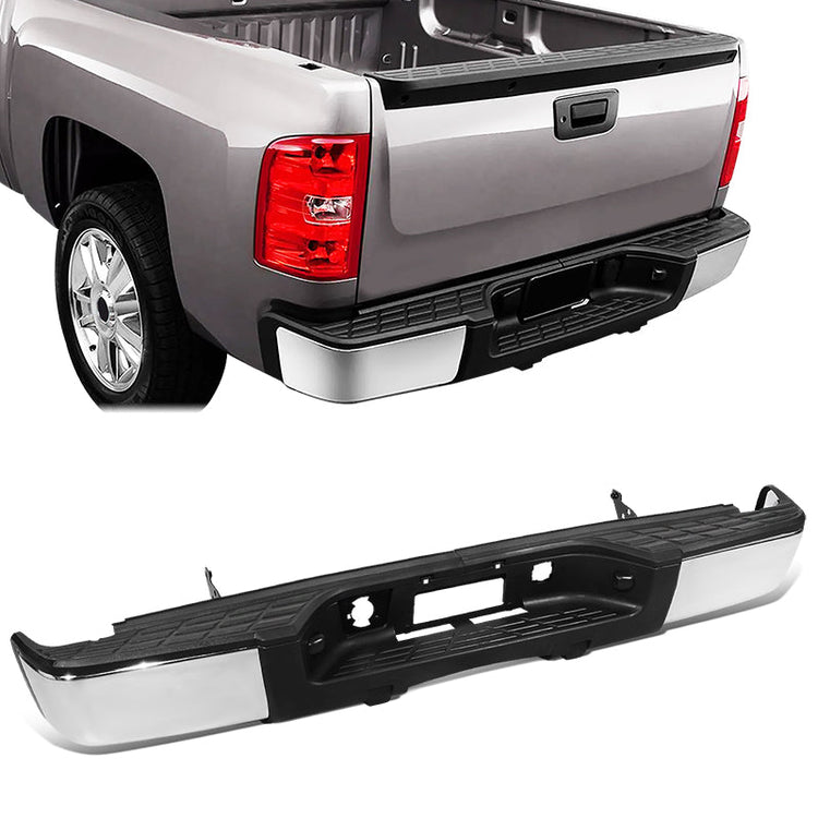 DEFENSA TRASERA 07-13 CHEVY SILVERADO 1500 GMC SIERRA 1500 - W/O PARKING SENSOR HOLES - W/ LICENSE PLATE LIGHTS - CHROME/STEEL