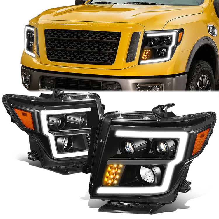 FAROS 17-22 NISSAN TITAN / 16-22 NISSAN TITAN XD - FITS MODELS WITH HALOGEN HEADLIGHTS ONLY - DOES NOT FIT FACTORY HID EQUIPPED MODELS - PROJECTOR CONVERSION LED RUNNING LIGHT STRIP - H1 LOW BEAM / H1 HIGH BEAM / 2825 SIDE MARKER - BLACK HOUSING / AMBER