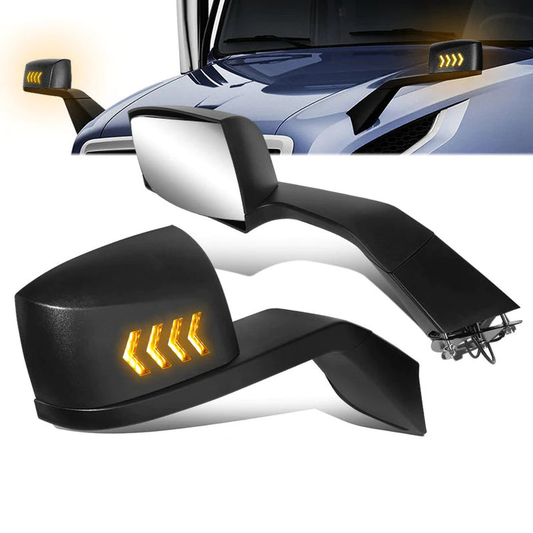 RETROVISOR HOOD MIRROR - 18-21 VOLVO VNL, VNL 300, VNL 400, VNL 740, VNL 760, VNL 860 - MARKER & TURN SIGNAL LIGHTS NEED TO BE WIRED INTO EXISTING LIGHTING HARNESS - MANUAL - AMBER CHASING LED ARROW-CHEVRON - BLACK