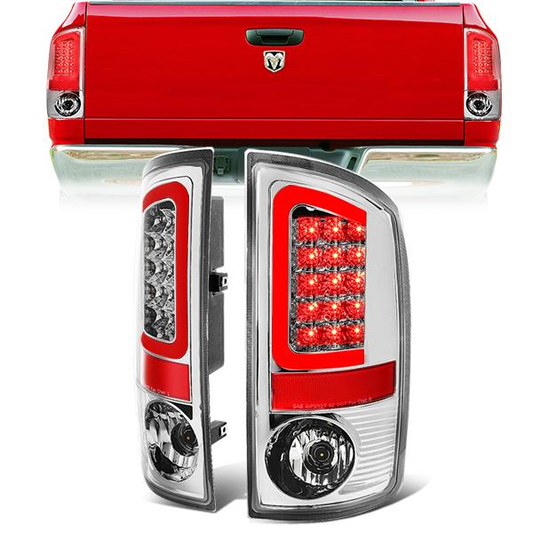 FAROS TRASEROS 02-06 DODGE RAM 1500 / 03-06 DODGE RAM 2500 , 3500 - RED C-BAR - 3D - U-HALO LED - CHROME / CLEAR